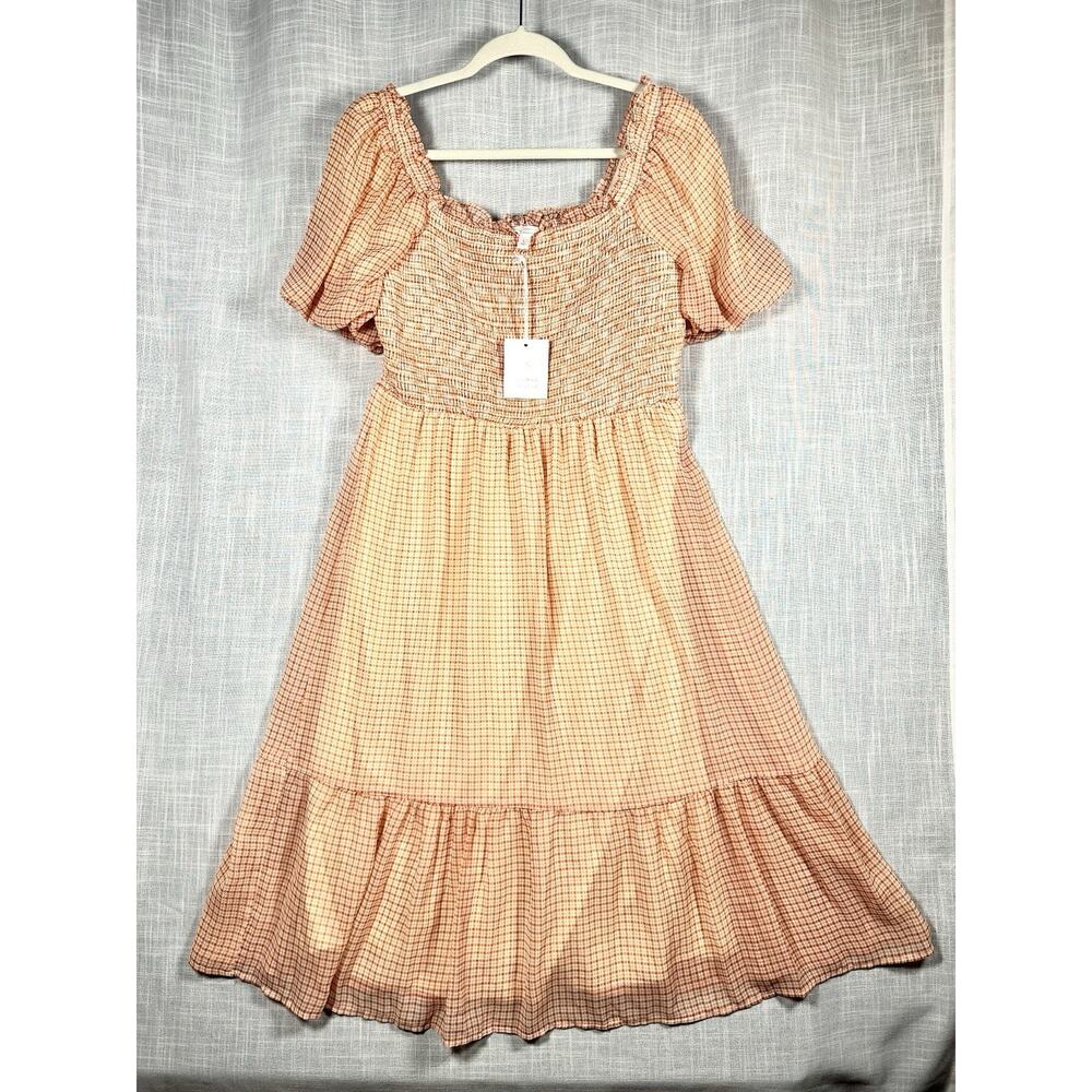 Lauren Conrad Cooper Plaid Puff Sleeve Square Neck Smocked Peasant Dress Sz L - Picture 3 of 9